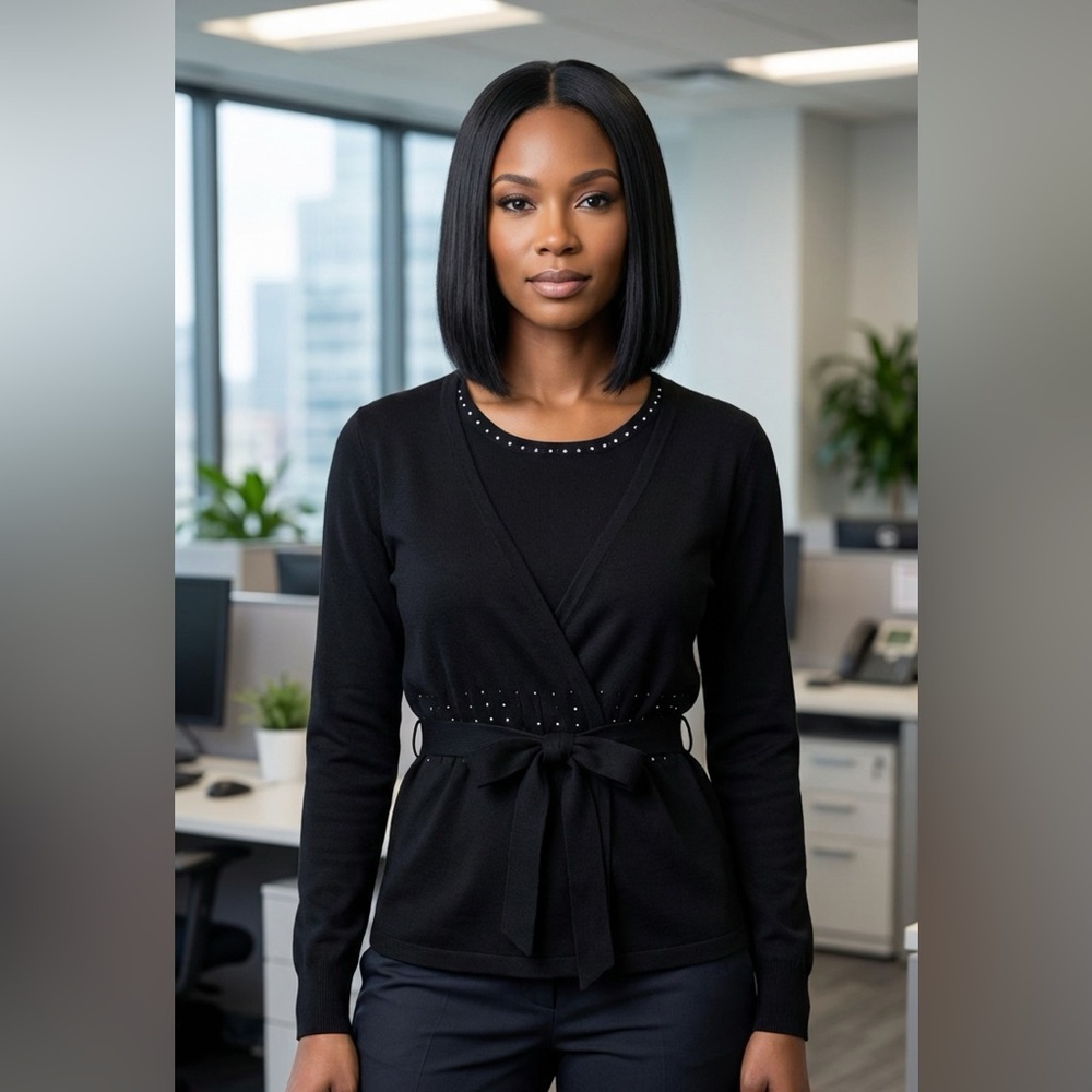 Mode Lia One Size Black Wrap Sweater Top w/ Rhinestone Trim Tie Waist
